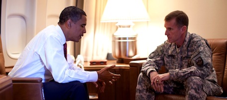 This photo provided by the White House shows President Barack Obama meeting with Gen. Stanley McChrystal, the top commander in Afghanistan, Friday, Oct. 2, 2009, aboard Air Force One in Copenhagen, Denmark. (AP Photo/White House, Pete Souza)