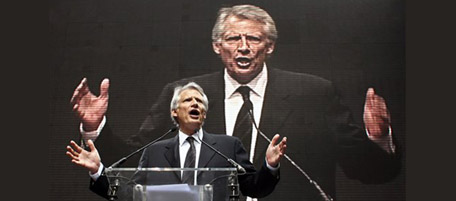 Former French Prime Minister Dominique de Villepin gestures as he gives a speech during a meeting in Paris, Saturday June 19, 2010. Villepin has launched a new political movement, named "Republique Solidaire", seen as an alternative to the policies of President Nicolas Sarkozy. (AP Photo/Thibault Camus)