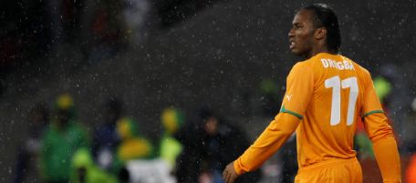 Ivory Coast's Didier Drogba walks on the sidelines during the World Cup group G soccer match between Ivory Coast and Portugal at Nelson Mandela Bay Stadium in Port Elizabeth, South Africa, Tuesday, June 15, 2010. (AP Photo/Armando Franca)