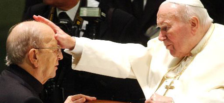 Pope John Paul II gives his blessing to father Marcial Maciel, founder of the Christ's Legionaries, during a special audience the pontiff granted to about four thousand participants of the Regnum Christi movement, in the Paul VI hall at the Vatican Tuesday, Nov. 30, 2004. (AP Photo/Plinio Lepri)