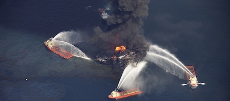 In this aerial photo taken in the Gulf of Mexico more than 50 miles southeast of Venice on Louisiana's tip, the Deepwater Horizon oil rig is seen burning Wednesday, April 21, 2010. (AP Photo/Gerald Herbert)