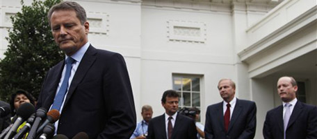 From left; BP Chairman Carl-Henric Svanberg, BP CEO Tony Hayward, BP Managing Director Bob Dudley, and BP America Inc. Chairman Lamar McKay, speak to the press outside the White House in Washingotn, Wednesday, June 16, 2010, following a meeting with President Barack Obama. (AP Photo/Manuel Balce Ceneta)