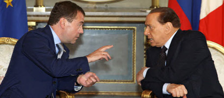Italian Premier Silvio Berlusconi, right, and Russian President Dmitry Medvedev meet in Milan, Italy, Friday, July 23, 2010. (AP Photo/RIA-Novosti, Mikhail Klimentyev, Presidential Press Service)