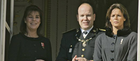 Prince Albert II of Monaco, his sisters Princess Caroline of Hanover, left, and Princess Stephanie of Monaco,right, stand on the balcony of Monaco palace during Monaco's national day ceremony, Wednesday Nov. 19, 2008. (AP Photo/Lionel Cironneau)