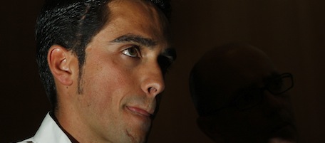 Cyclist Alberto Contador of Spain reacts during a press conference in Pinto on the outskirts of Madrid, Thursday Sept. 30, 2010. Three-time Tour de France champion Alberto Contador tested positive for a banned drug while winning this year's race and has been suspended by cycling's governing body. (AP Photo/Andres Kudacki)