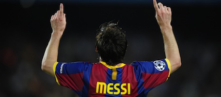 FC Barcelona's Lionel Messi from Argentina reacts after scoring against Panathinaikos during a Group D Champions League first leg soccer match at the Camp Nou stadium in Barcelona, Spain, Tuesday, Sept. 14, 2010. (AP Photo/Manu Fernandez)