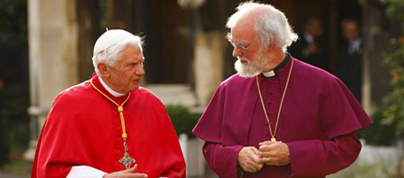 Pope Benedict XVI is greeted by the Archbishop of Canterbury Dr. Rowan Williams, as he arrives at Lambeth Palace on Friday, September 17, 2010, the second day of his State Visit. It is the first Papal visit in 28 years and will last until Sunday. (AP Photo/Press Association, Chris Ison)