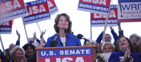 U.S. Senator Lisa Murkowsk (R) Alaska announces her write-in campaign Friday, Sept. 17, 2010 in Anchorage, Alaska. ( AP Photo/Michael Dinneen)