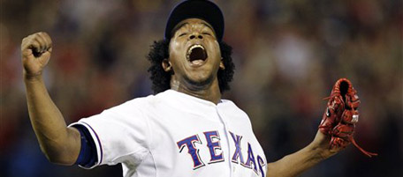 Texas Rangers relief pitcher Neftali Feliz celebrates after striking out New York Yankees' Alex Rodriguez for the final out in the Rangers' 6-1 win in Game 6 of baseball's American League Championship Series Friday, Oct. 22, 2010, in Arlington, Texas. The Rangers advanced to the Workd SEries for the first time in franchise history. (AP Photo/Chris O'Meara)