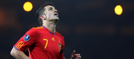 Spain's David Villa, reacts after scoring his goal during their Euro 2012 Group I qualifying soccer match against Scotland at Hampden Park, Glasgow, Scotland, Tuesday Oct. 12, 2010. (AP Photo/Scott Heppell)