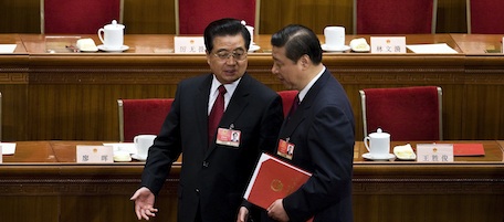 FILE - In this March 13, 2009 file photo, Chinese President Hu Jintao, left, chats with Vice President Xi Jinping as they leave the Great Hall of the People after the closing ceremony of the National People's Congress in Beijing, China. Chinese Vice President Xi Jinping has been promoted to vice chairman of a key Communist Party military committee, state media reported Monday, Oct 18, 2010, in the clearest sign yet he is on track to be the country's future leader.
(AP Photo/Andy Wong, File)