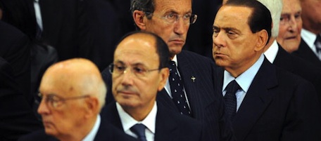 (From L) Italian President Girogio Napolitano, Senate President Renato Schifani, Parliament President Gianfranco Fini and Prime Minister Silvio Berlusconi attend the state funeral of the six Italian soldiers who were killed in one of the deadliest suicide attacks targeting NATO troops in Afghanistan on September 17, in Saint Paul Outside the Walls basilica in Rome on September 21, 2009. Italy is the sixth biggest contributor to more than 100,000 NATO and US-led forces fighting in Afghanistan, deploying about 3,250 troops. AFP PHOTO / VINCENZO PINTO (Photo credit should read VINCENZO PINTO/AFP/Getty Images)