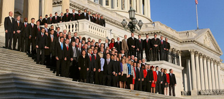WASHINGTON - NOVEMBER 19: Newly elected freshman members of the upcoming 112th Congress pose for a class photo on the steps of the U.S. Capitol on November 19, 2010 in Washington, DC. . This week the new members have been undergoing orientation before taking office in January. House Democrats lost over 60 seats in the mid-term elections giving control of the house to the Republicans. (Photo by Mark Wilson/Getty Images)