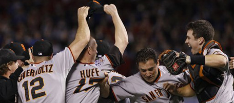 The San Francisco Giants celebrate after Game 5 of baseball's World Series against the Texas Rangers Monday, Nov. 1, 2010, in Arlington, Texas. The Giants won 3-1 to capture the World Series. (AP Photo/Matt Slocum)