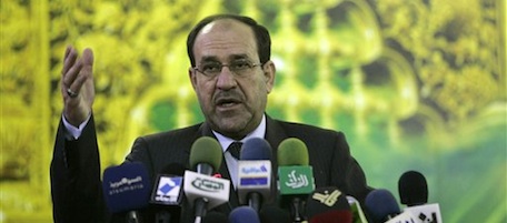Iraqi prime Prime Minister Nouri al-Maliki gestures during a press conference in Karbala, 80 kilometers (50 miles) south of Baghdad, Iraq, Saturday, Sept. 5, 2009. Iraq has deployed thousands of reinforcements along its border with Syria to prevent insurgents from crossing the desert frontier, as the government said Friday it has provided Syria with evidence linking Iraqis there to bombings. (AP Photo/Ahmed Alhusseiney)