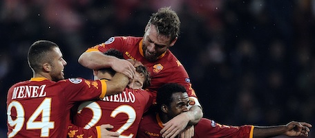 AS Roma's forwards Francesco Totti (C) celebrates with team mates after scoring against Bayern Munich during their Champions League group E football match on November 23, 2010 at the Olympic stadium in Rome. AFP PHOTO / FILIPPO MONTEFORTE (Photo credit should read FILIPPO MONTEFORTE/AFP/Getty Images)