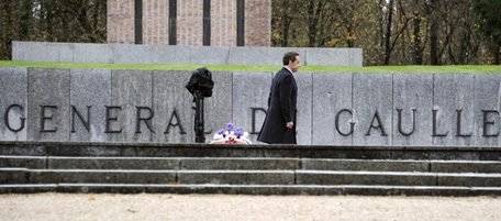 French President Nicolas Sarkozy attends a commemorative ceremony at the Charles De Gaulle Memorial in Colombey les-deux-Eglises, eastern France, Tuesday Nov. 9, 2010, during the commemoration of the 40th anniversary of his death. (AP Photo/Eric Feferberg, Pool)