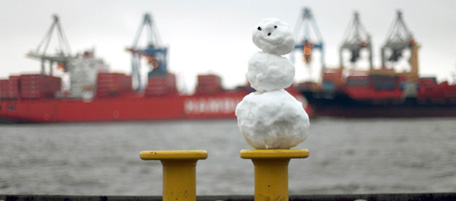 A small snowman stands on a pier at the port in Hamburg, northern Germany, on December 5, 2010. Meteorologists forecast for the region winter weather with some snowfall and temperatures around the freezing point. AFP PHOTO KAY NIETFELD GERMANY OUT (Photo credit should read KAY NIETFELD/AFP/Getty Images)