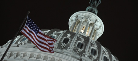 The US Capitol is seen in Washington on January 24, 2011, one day before President Barack delivers his State of the Union speech. Obama faced a US public hungry for jobs and Republicans eager to oust him in 2012 as he readied his yearly State of the Union speech in a tense new era of power-sharing. Obama steps up at 9:00 pm Tuesday (0200 GMT Wednesday) to address a joint session of Congress and a television audience in the tens of millions -- his highest profile shot at defining his reinvigorated, retooled presidency. AFP PHOTO/Nicholas KAMM (Photo credit should read NICHOLAS KAMM/AFP/Getty Images)