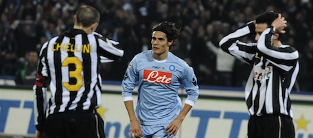 Napoli Edinson Cavani (C) celebrates after scoring against Juventus on January 9, 2011 during their Italian Serie A match at the San Paolo Stadium in Naples. Napoli won 3-0. AFP PHOTO / ROBERTO SALOMONE (Photo credit should read ROBERTO SALOMONE/AFP/Getty Images)