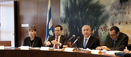 JERUSALEM, ISRAEL - JANUARY 19: (ISRAEL OUT) Israeli Prime Minister Benjamin Netanyahu, during a special cabinet meeting to confirm the new governmental appointments on January 19, 2011, following Defence Minister Barak's quitting his Labor party to form the new centrist Atzmaut party.(photo by - Uriel Sinai/Getty images)
