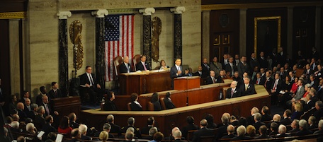 US President Barack Obama delivers his State of the Union Address before a joint session of Congress and the Supreme Court on January 25, 2011 on Capitol Hill in Washington, DC. AFP PHOTO / Nicholas KAMM (Photo credit should read NICHOLAS KAMM/AFP/Getty Images)