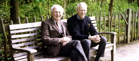 In this image made available Wednesday Jan. 26, 2011, by the University of East Anglia, Donald Hartog and J.D. Salinger, right, pose together in London in 1989, when they met for the first time since 1938. A trove of letters written by Salinger to British friend Donald Hartog reveals a sociable man who took bus trips to Niagara Falls, ate fast-food hamburgers, enjoyed watching Tim Henman play tennis - and claimed always to be writing new work. The letters were written to Don Hartog, who met Salinger in 1938 when both were teenagers, sent by their families to study German in Vienna. They corresponded after returning home - Salinger to try his hand as a writer, Hartog eventually to go into the food import-export business.(AP Photo/Salinger Collection, University of East Anglia) EDITORIAL USE ONLY: