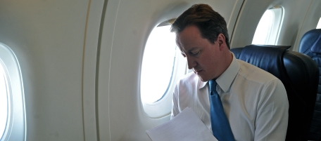 Conservative Party leader David Cameron is pictured on a private plane bound for Belfast, Northern Ireland, Tuesday May 4, 2010. Britons will go to the polls Thursday May 6 in a general election. (AP Photo/Carl de Souza, pool)