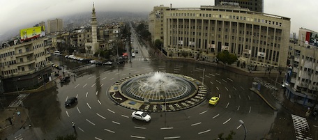 A general view shows the Sabaa Bahrat square in downtown Damacus with the Central Bank (R) in the background on February 4, 2011. AFP PHOTO/JOSEPH EID (Photo credit should read JOSEPH EID/AFP/Getty Images)