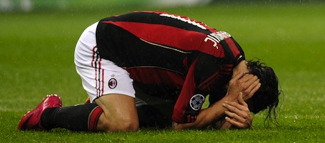 AC Milan's Swedish forward Zlatan Ibrahimovic holds his head during the Champions League match between AC Milan against Tottenham on February 15, 2011 in San Siro Stadium in Milan. AFP PHOTO / OLIVIER MORIN (Photo credit should read OLIVIER MORIN/AFP/Getty Images)
