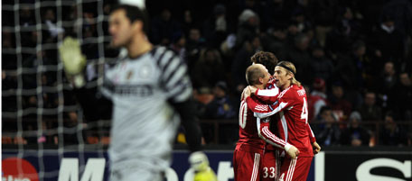 Bayern Munich's striker Mario Gomez(2ndR) celebrates after scoring against Inter during their Champions League football match on February 23, 2011 at San Siro Stadium in Milan. Bayern Munich defeated Inter Milan 1-0. AFP PHOTO / OLIVIER MORIN (Photo credit should read OLIVIER MORIN/AFP/Getty Images)