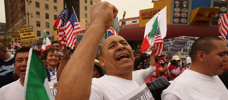 LOS ANGELES, CA - MAY 01: Joaquin Ventura chants during a demonstration for immigrant worker rights on May Day, May 1, 2009 in Los Angeles, California. Thousands of people are participating in seven May Day immigrant rights protest marches throughout the Los Angeles area. At the 2007 May Day marches, demonstrators and bystanders were beaten by Los Angeles police officers at MacArthur Park, resulting in a $12.85 million payout by the city to settle nine lawsuits. In a breakdown of political unity, activists groups are holding marches independently of one another this year. (Photo by David McNew/Getty Images) *** Local Caption *** Joaquin Ventura