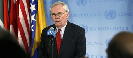 Lynn Poscoe, U.N. Under Scretary General for Political Affairs, speaks during a briefing following private meetings of the U.N. Security Council concerning Libya on Tuesday, Feb. 22, 2011, at United Nations headquarters. (AP Photo/Bebeto Matthews)