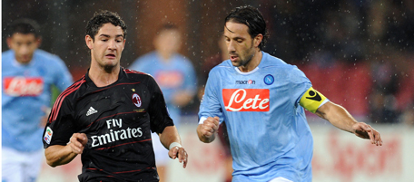 NAPLES, ITALY - OCTOBER 25: Pato of MIlan and Gianluca Grava of Napoli in action during the Serie A match between SSC Napoli and AC Milan at Stadio San Paolo on October 25, 2010 in Naples, Italy. (Photo by Giuseppe Bellini/Getty Images) *** Local Caption *** Pato;Gianluca Grava