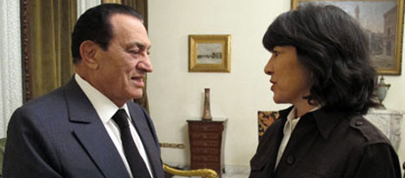 CAIRO, EGYPT - FEBRUARY 3: In this handout provided by ABC News, Christiane Amanpour talks with Egyptian President Hosni Mubarak in an exclusive interview for a special one-hour edition of "Nightline" February 3, 2011 in Cairo, Egypt. (Photo by ABC News via Getty Images) *** Local Caption *** Hosni Mubarak;Christiane Amanpour