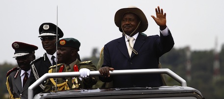 Ugandan President Yoweri Museveni waves to supporters during the celebration of the 48th independence day celebration at the Kololo airstrip in Kampala, Uganda on October 9, 2010. This year's celebration takes place shortly before the upcoming January 2011 presidential elections. Incumbent president Yoweri Museveni who has been in power since 1986 and is poised to win the elections once again. Uganda's election panel has failed to establish conditions required to hold a free and fair vote less than five months before a scheduled general election, according to report seen by AFP Wednesday. Intimidation of the opposition and media censorship both remain pervasive and the ruling party uses government structures for political purposes, says the report commissioned by Open Society Initiative for eastern Africa, a pro-democracy group linked to American billionaire George Soros. AFP PHOTO/Marc HOFFER (Photo credit should read MARC HOFER/AFP/Getty Images)