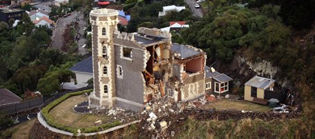 The Timeball Station is seen to be badly damaged, a day after the 6.3-magnitude earthquake in the township of Lyttelton near Christchurch, New Zealand, Wednesday, Feb. 23, 2011. (AP Photo/New Zealand Herald, Sarah Ivey) AUSTRALIA OUT, NEW ZEALAND OUT
