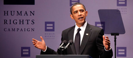 WASHINGTON - OCTOBER 10: U.S. President Barack Obama addresses the 13th Annual National Dinner of the Human Right Campaign October 10, 2009 in Washington, DC. Thousands of activists are expected to gather tomorrow in the nation's capital for a rally march, which will be organized by HRC and other groups, to call for lesbian, gay, bisexual and transgender rights. (Photo by Alex Wong/Getty Images) *** Local Caption *** Barack Obama
