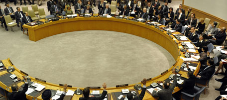The United Nations Security Council votes February 26, 2011 on a resolution on peace and security in Africa. The UN Security Council unanimously ordered an arms embargo against Libya, a travel and assets ban on Moamer Kadhafi's regime and a crimes against humanity investigation into the bloodshed. The council made a new demand for an immediate end to attacks on civilians by Kadhafi loyalists which it said had been incited "from the highest level of the Libyan government." The UN says more than 1,000 people have been killed in the unrest. AFP PHOTO / TIMOTHY A. CLARY (Photo credit should read TIMOTHY A. CLARY/AFP/Getty Images)