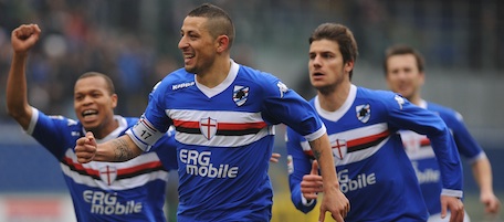 GENOA, ITALY - FEBRUARY 13: Angelo Palombo (C) of UC Sampdoria celebrates after scoring the opening goal during the Serie A match between UC Sampdoria and Bologna FC at Stadio Luigi Ferraris on February 13, 2011 in Genoa, Italy. (Photo by Valerio Pennicino/Getty Images) *** Local Caption *** Angelo Palombo