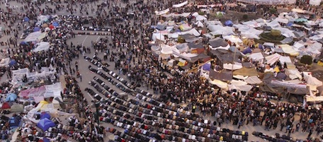 A general view shows Egyptian anti government protesters praying at sunset on Cairo's Tahrir Square, on February 7, 2011, on the 14th days of protests calling for an end to President Hosni Mubarak's regime. AFP PHOTO/MOHAMMED ABED (Photo credit should read MOHAMMED ABED/AFP/Getty Images)