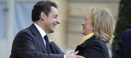 France's president Nicolas Sarkozy welcomes US Secretary of State Hillary Clinton prior to a meeting of Group of Eight powers, on March 14, 2011 at the Elysee Palace in Paris. The G8 ministers were also to discuss Friday's devastating earthquake and tsunami in Japan, which have raised fears of a nuclear disaster after damage to a power plant, as well as economic concerns. AFP PHOTO / ERIC FEFERBERG (Photo credit should read ERIC FEFERBERG/AFP/Getty Images)