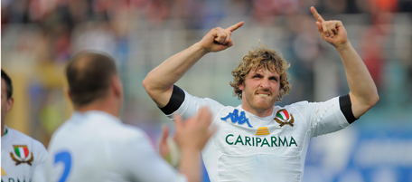 ROME, ITALY - MARCH 12: Mirco Bergamasco of Italy celebrates his team winning the RBS Six Nations match between Italy and France at the Stadio Flaminio on March 12, 2011 in Rome, Italy. (Photo by Michael Regan/Getty Images) *** Local Caption *** Mirco Bergamasco