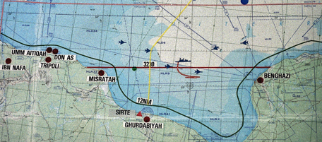 Close up of Libya confrontation map in Washington on March 24, 1986. (AP Photo/Ron Edmonds)