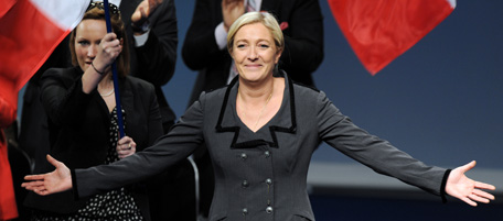 Newly elected president of French far-right party Front national (National Front) Marine Le Pen waves to the audience during the party's congress, on January 16, 2011 in Tours, western France. The 42-year-old Marine Le Pen (67.5%) beats her rival Bruno Gollnisch (32.35%) in the vote conducted among the grouping's 24,000-odd members. AFP PHOTO ALAIN JOCARD (Photo credit should read ALAIN JOCARD/AFP/Getty Images)