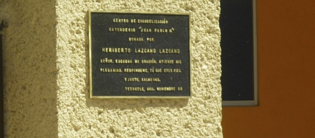 This photo taken Oct. 20, 2010 shows a plaque dated Nov. 2009, placed on a wall of a church in the neighborhood of Tezontle, in Pachuca, Mexico. The plaque thanks the major donor who built the church, Heriberto Lazcano Lazcano, the leader of the Zetas, one of Mexico's most violent drug cartels. Plaque reads in Spanish: "Center for Evangelization and Catechism 'Juan Pablo II', donated by Heriberto Lazcano Lazcano, Lord, hear my prayer, listen to my plea. Answer me because you are faithful and righteous..Psalm 143''. (AP Photo/Victor Valera)