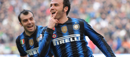 MILAN, ITALY - MARCH 20: Giampaolo Pazzini of Inter Milan celebrates after scoring the opening goal during the Serie A match between FC Internazionale Milano and Lecce at Stadio Giuseppe Meazza on March 20, 2011 in Milan, Italy. (Photo by Tullio M. Puglia/Getty Images) *** Local Caption *** Giampaolo Pazzini