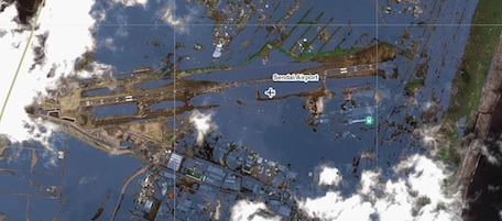 SENDAI, JAPAN - MARCH 12: This satellite photograph provided by the Center for Satellite Based Crisis Information (ZKI) of the German Aeropsace Center (DLR) shows flooded Sendai Airport after the devastating earthquake and tsunami on March 12, 2011 at Sendai, Japan. At least 1,800 people are confirmed dead across northeastern Japan and at least two nuclear reactors at the Fukushima facility are facing meltdown. (Photo by German Aeorpace Center DLR/ZKI via Getty Images)