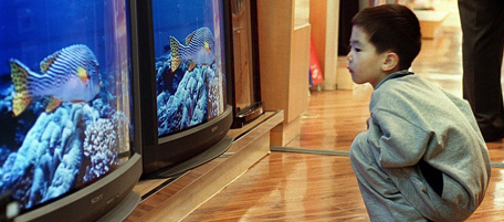SEOUL, SOUTH KOREA: A young boy sits watching a locally-made TV as he waits for his parents to choose a set, in a department store in Seoul 22 September 1999. The boy's parents said they would give the set to the child's grandparnts as a gift to mark the Moon Festival. AFP PHOTO (Photo credit should read CHOO YOUN-KONG/AFP/Getty Images)
