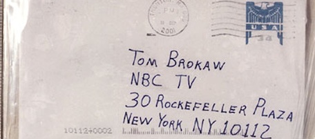 UNDATED: (FILE PHOTO) The FBI released this photograph of the envelope that was sent to NBC News anchor Tom Brokaw, which contained anthrax. The Washington Post reported on May 11, 2003 that a Maryland pond may be drained after U.S. officials said it could have been the site where anthrax used in a series of mail attacks that killed five people in 2001 was assembled. (Photo by FBI/Getty Images)
